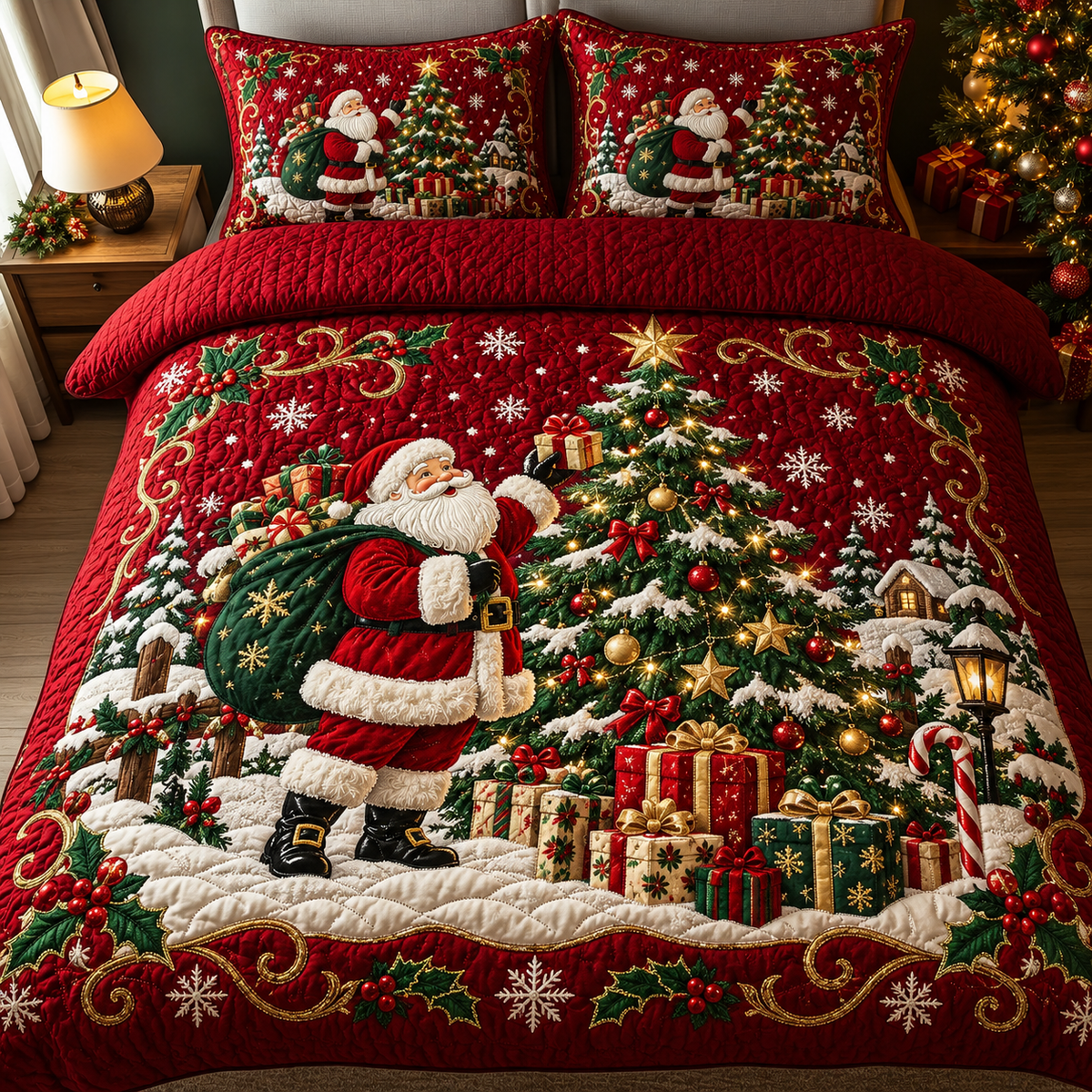 Red Santa Claus Christmas Bedding Set Holiday Quilt Cover