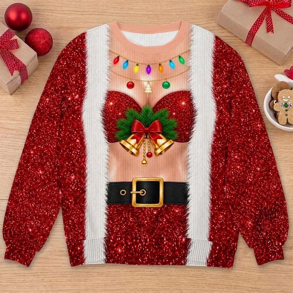 Red Sparkly Sexy Santa 3D Print Ugly Christmas Sweater