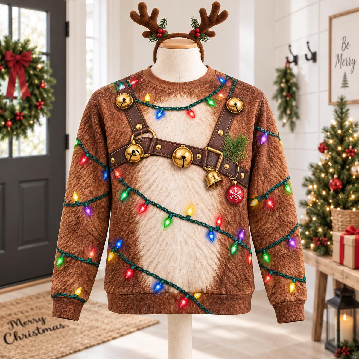 Reindeer Harness Christmas Lights Sweatshirt