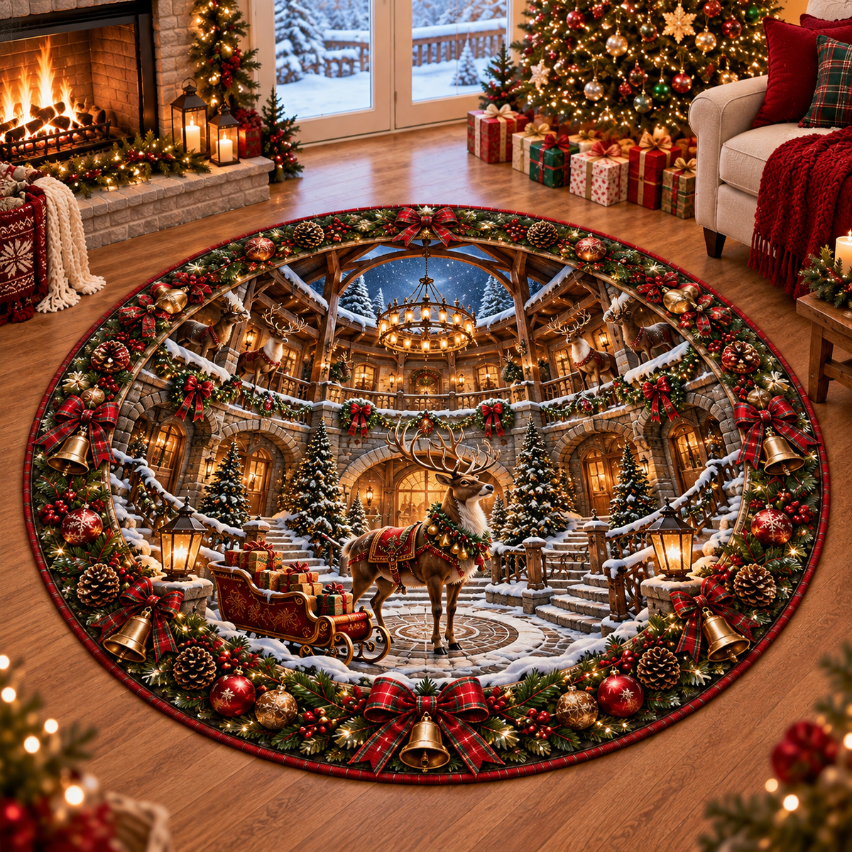 Reindeer Lodge Christmas Quilted Round Rug Rustic Festive Floor Mat