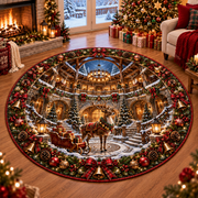 Reindeer Lodge Christmas Quilted Round Rug Rustic Festive Floor Mat