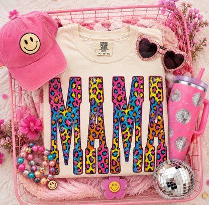 Retro Colorful Leopard Mama Distressed Graphic Tee