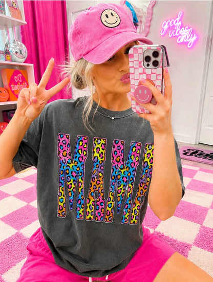Retro Colorful Leopard Mama Distressed Graphic Tee