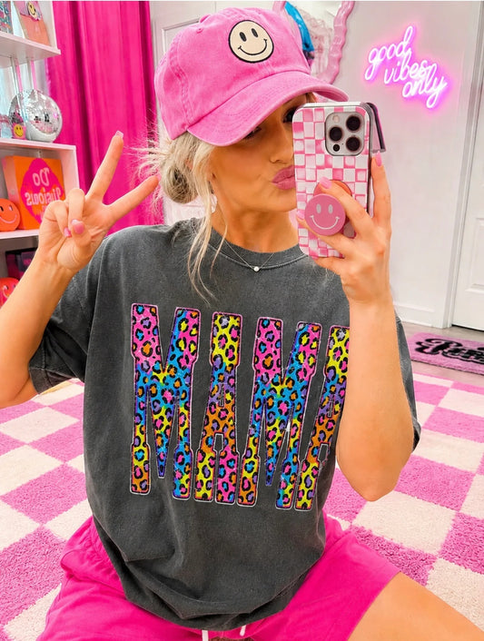 Retro Colorful Leopard Mama Distressed Graphic Tee