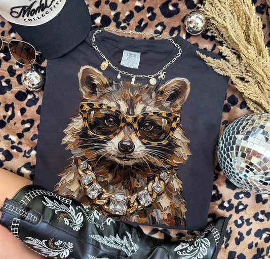 Retro Cool Raccoon Sunglasses Gold Chain Graphic Tee Shirt