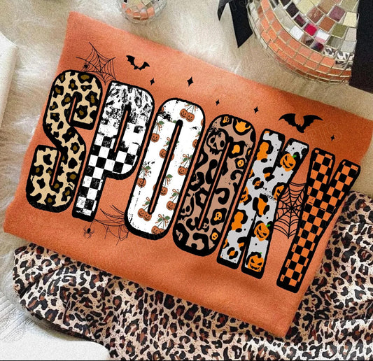 Retro Leopard Plaid Spooky Letters Halloween Orange Graphic Tee