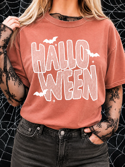 Retro Spooky Halloween Bats Graphic Terracotta Tee Shirt