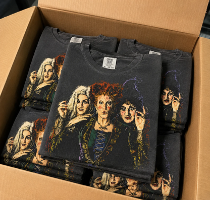Retro Vintage Halftone Witches Halloween Spooky Graphic Tee Shirt