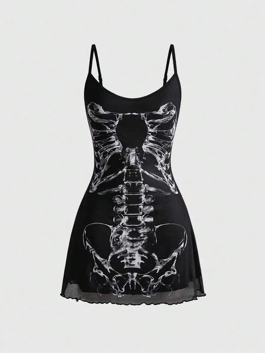 Romantic Skeleton Print Gothic Black Slip Dress