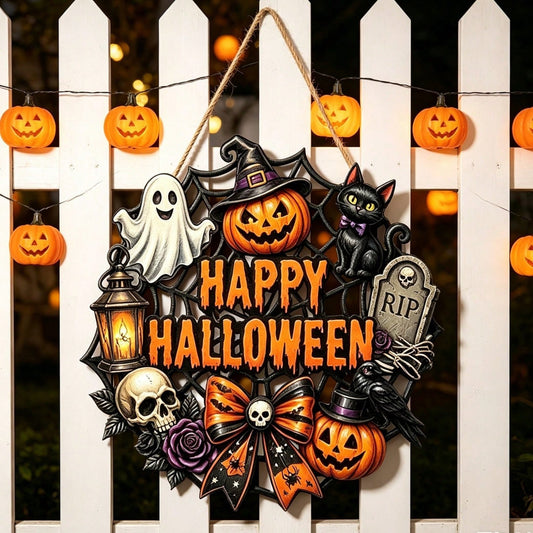 Round Halloween Wooden Welcome Door Hanger Sign