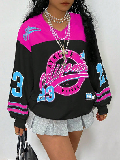 Women’s Plus Size Letter Print Drop Shoulder Long Sleeve Casual Sweatshirt