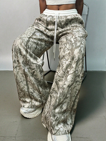 Women's Camouflage Tree Branch Print Drawstring Wide Leg Sweatpants – Retro Autumn Streetwear Essential