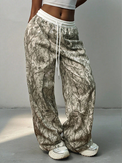 Women's Camouflage Tree Branch Print Drawstring Wide Leg Sweatpants – Retro Autumn Streetwear Essential