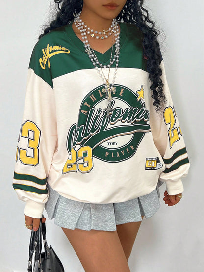 Women’s Plus Size Letter Print Drop Shoulder Long Sleeve Casual Sweatshirt