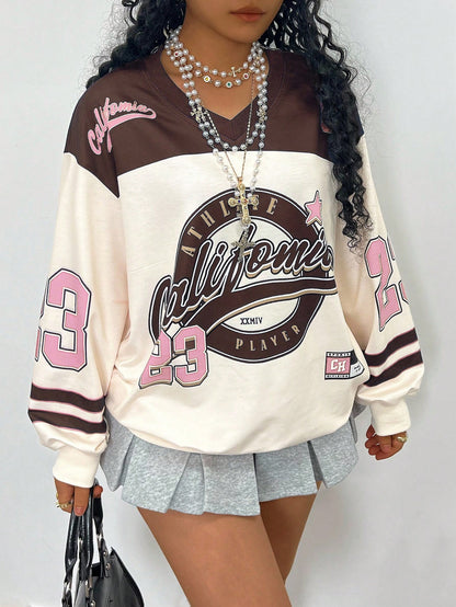 Women’s Plus Size Letter Print Drop Shoulder Long Sleeve Casual Sweatshirt