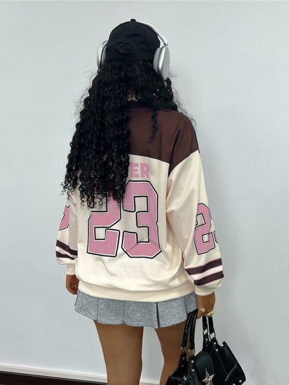 Women’s Plus Size Letter Print Drop Shoulder Long Sleeve Casual Sweatshirt