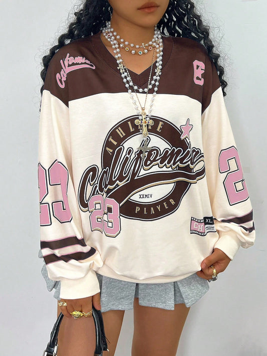 Women’s Plus Size Letter Print Drop Shoulder Long Sleeve Casual Sweatshirt