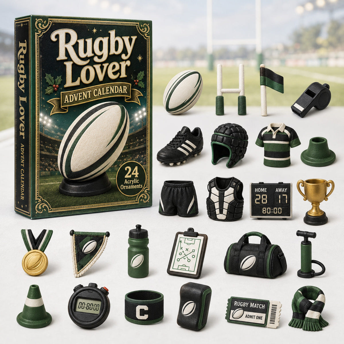 CHRISTMAS KICKOFF 40% OFF - Rugby Lover Advent Calendar 2026 - 24-Day Festive Countdown, Acrylic Charms Blind Box - Gift For Sports Lovers