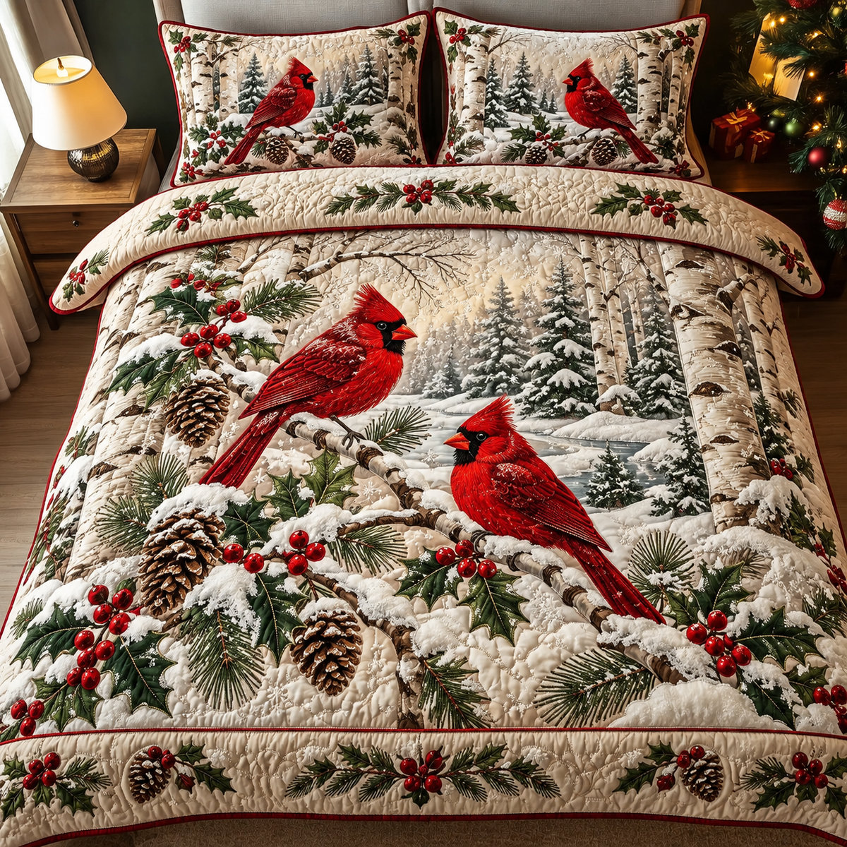 Rustic Winter Red Cardinal Birch Christmas Bedding Set