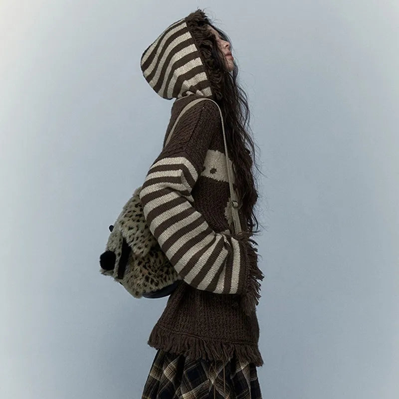 Y2K Fringed Skull Loose Sweater