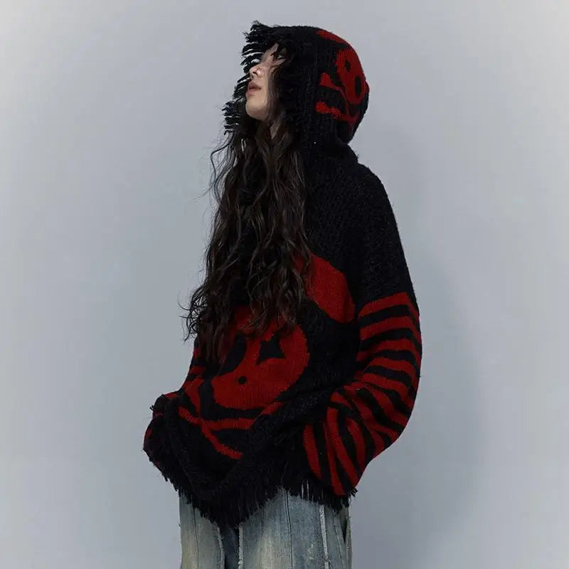 Y2K Fringed Skull Loose Sweater