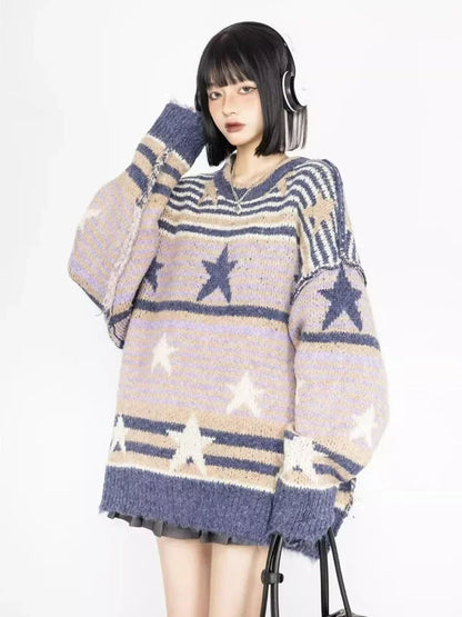 Y2K Starry Strips Oversized Sweater