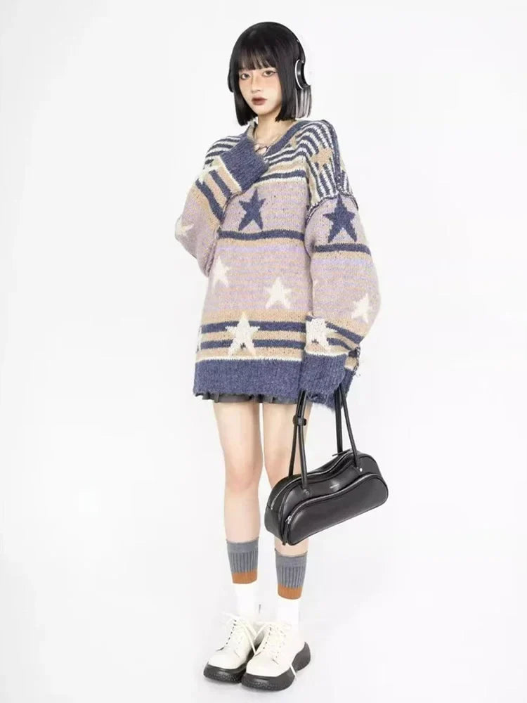 Y2K Starry Strips Oversized Sweater