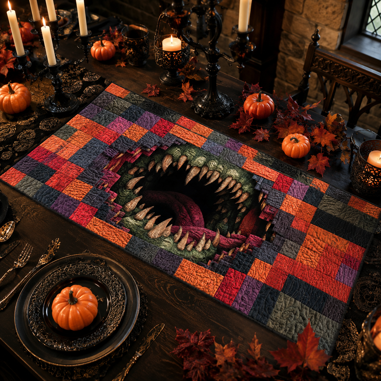 SCAREY Monster Mouth Patchwork Design Halloween Quilted Table Runner