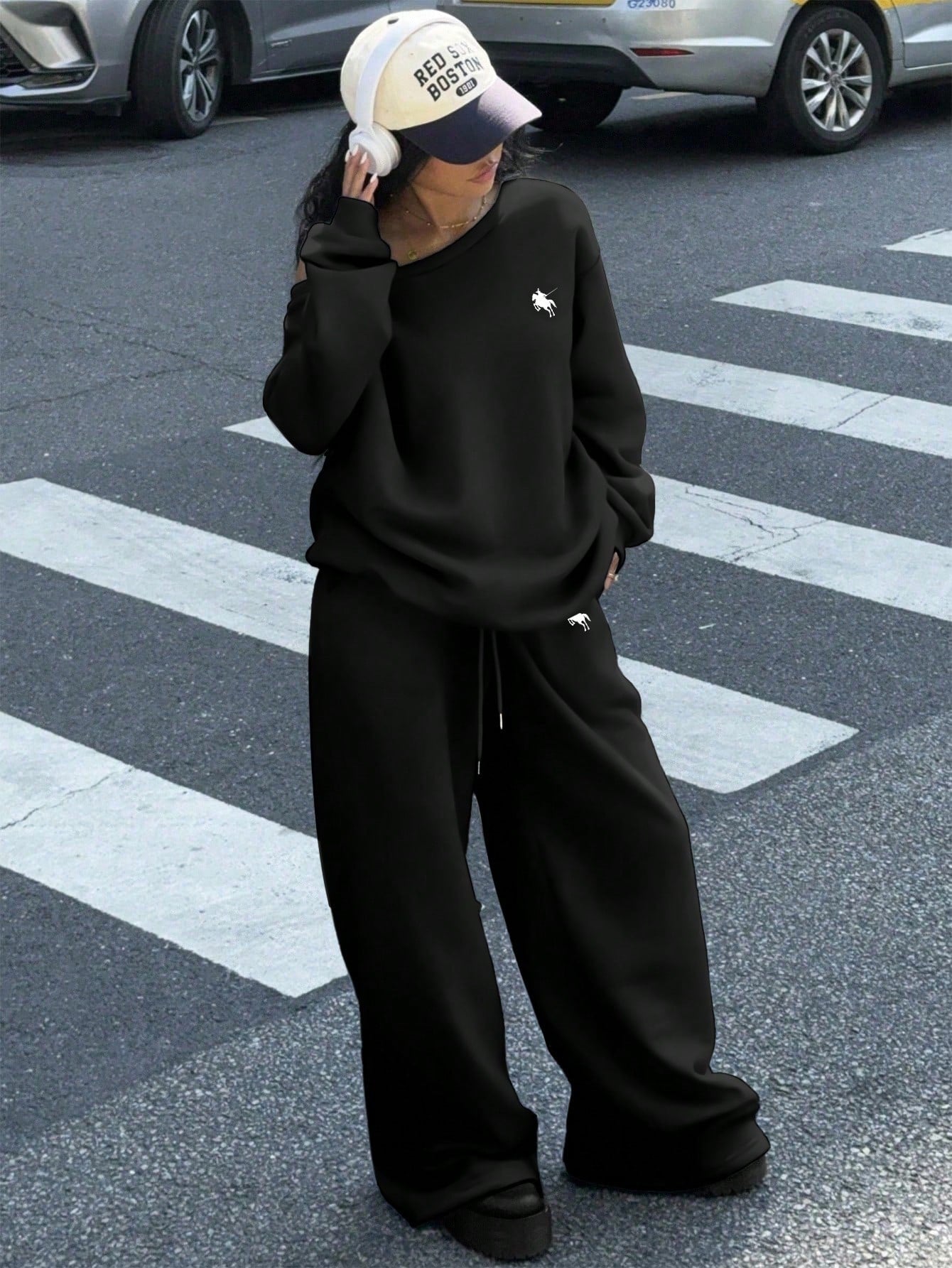 Pony Print Women’s Off Shoulder Sweatshirt And Wide Leg Sweatpants Set