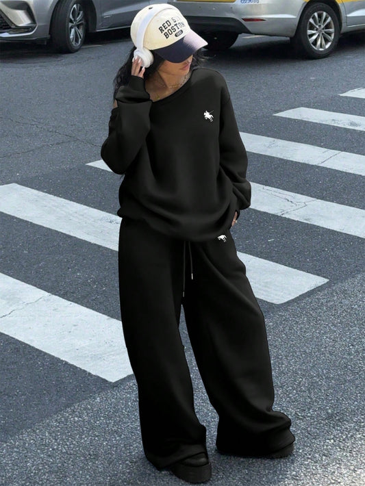 Pony Print Women’s Off Shoulder Sweatshirt And Wide Leg Sweatpants Set