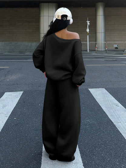 Pony Print Women’s Off Shoulder Sweatshirt And Wide Leg Sweatpants Set