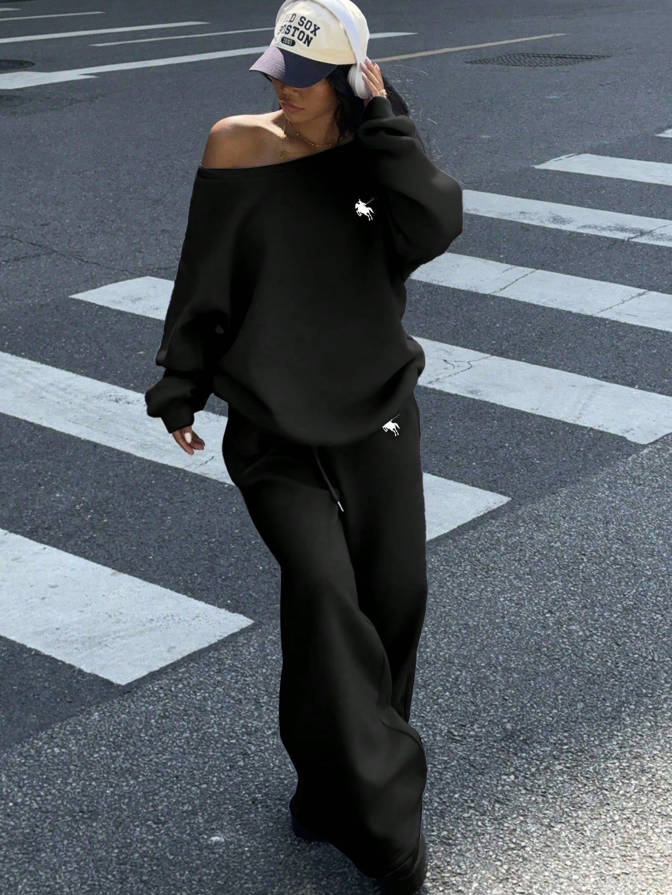 Pony Print Women’s Off Shoulder Sweatshirt And Wide Leg Sweatpants Set