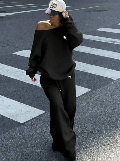 Pony Print Women’s Off Shoulder Sweatshirt And Wide Leg Sweatpants Set