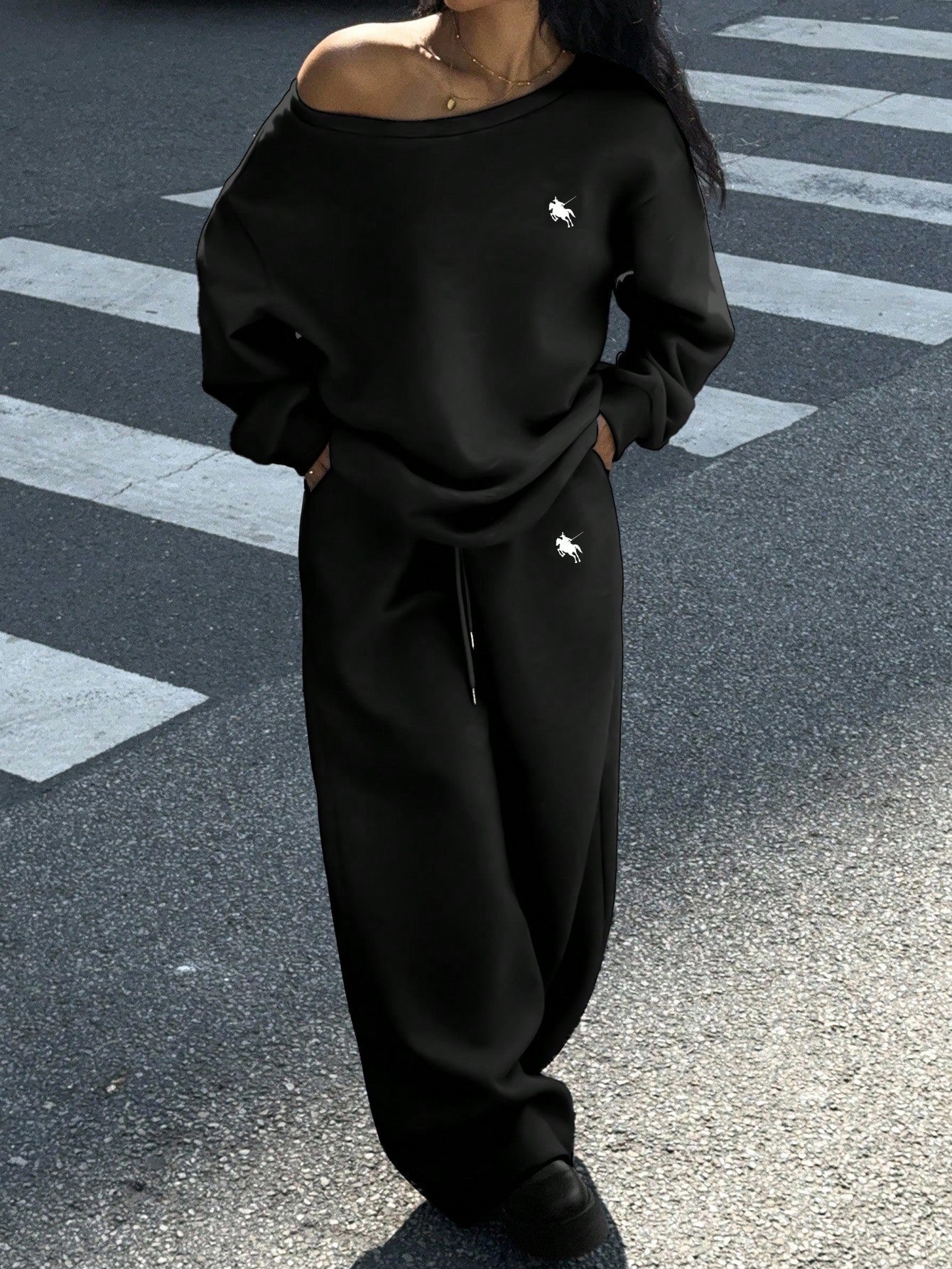 Pony Print Women’s Off Shoulder Sweatshirt And Wide Leg Sweatpants Set