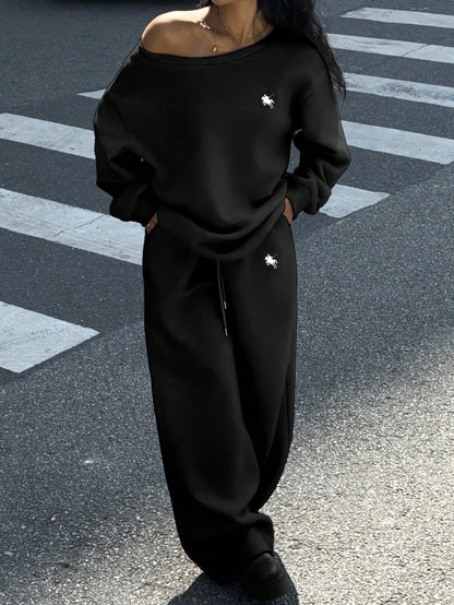 Pony Print Women’s Off Shoulder Sweatshirt And Wide Leg Sweatpants Set