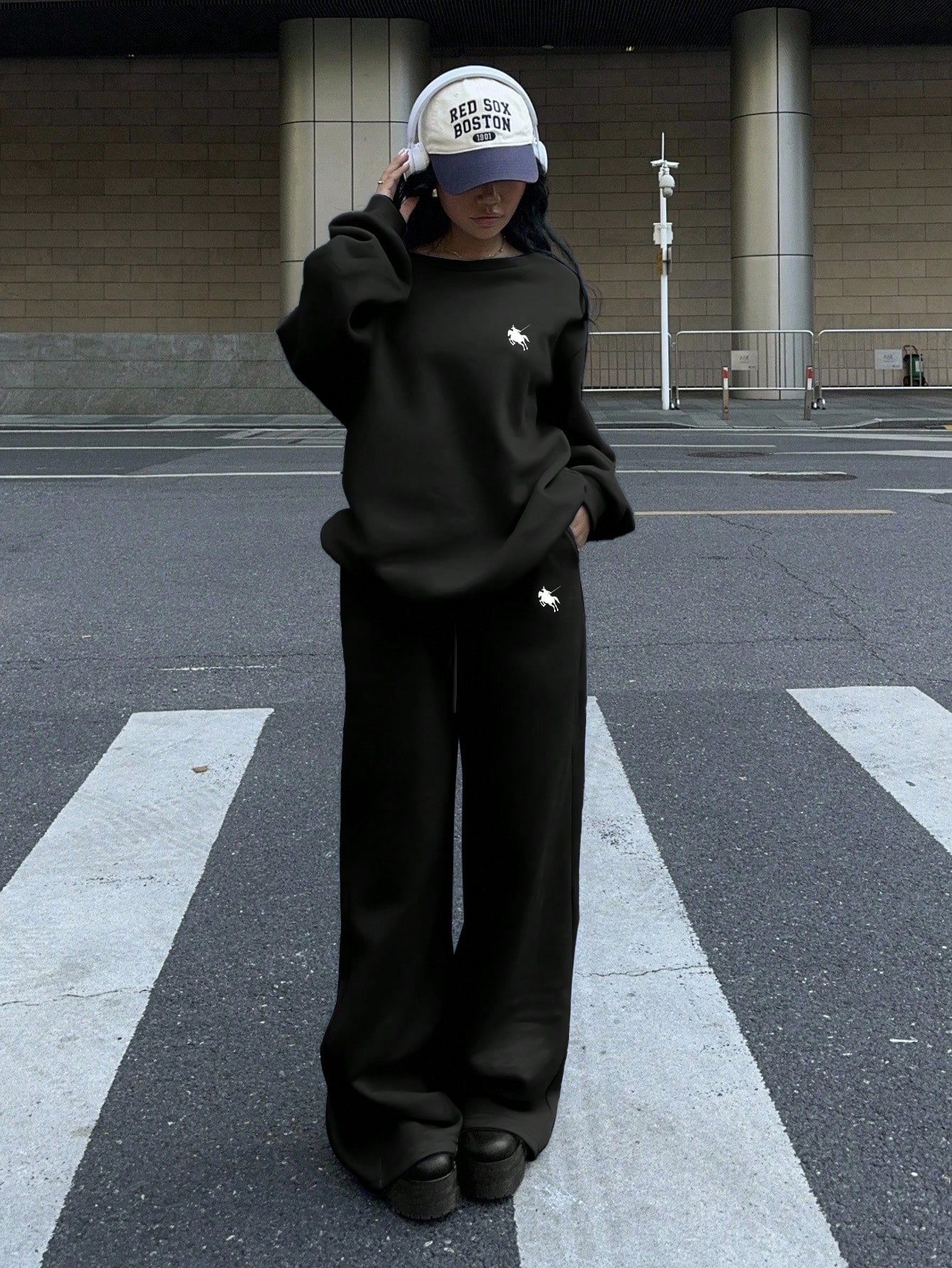 Pony Print Women’s Off Shoulder Sweatshirt And Wide Leg Sweatpants Set