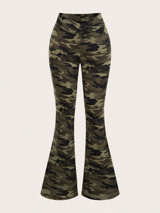 WOMEN CAMOUFLAGE PRINT WAIST BANDAGE DESIGN LEGGINGS FLARE PANTS SET – SPRING & AUTUMN ESSENTIAL
