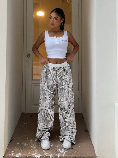 Branch Print Women’s Apricot Wide Leg Pants