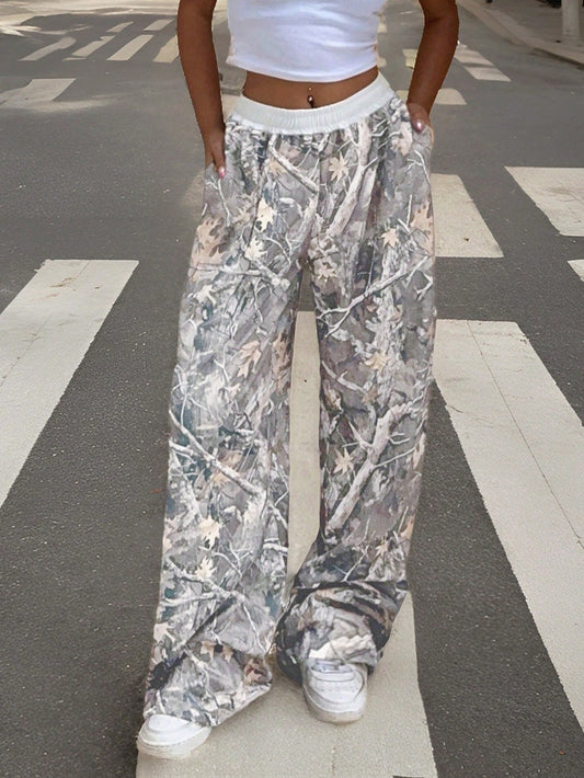 Branch Print Women’s Apricot Wide Leg Pants