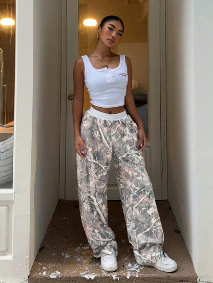 Branch Print Women’s Apricot Wide Leg Pants