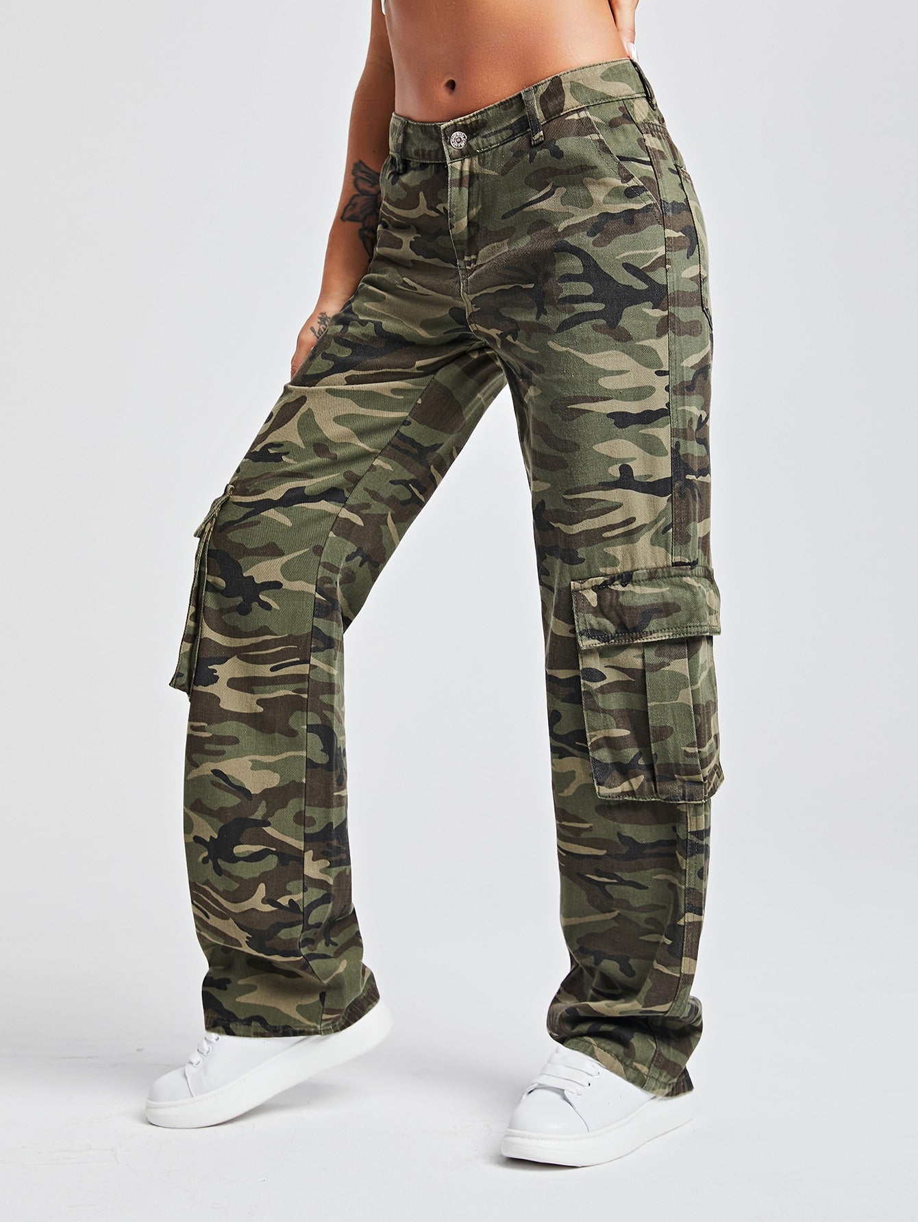 European and American Street Style Camouflage Multiple Pockets Casual Loose Straight Leg Low Waist Women Denim Jeans