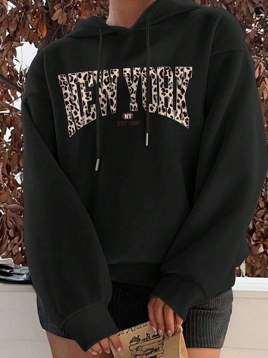 Women’s Leopard Print New York Graphic Hoodie Trendy Fall & Winter