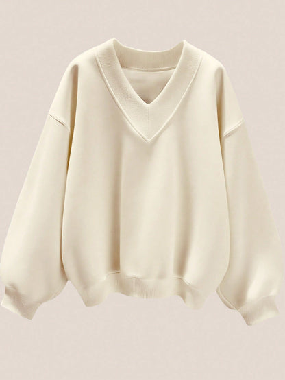 Women Solid Color V-Neck Plus Size Loose Casual Sweatshirt