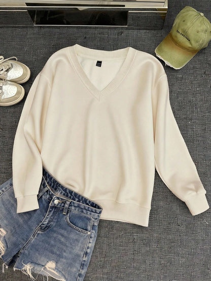 Women Solid Color V-Neck Plus Size Loose Casual Sweatshirt