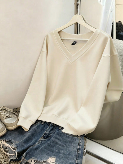 Women Solid Color V-Neck Plus Size Loose Casual Sweatshirt
