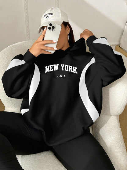 Women’s Black & White Color Block Letter Print Winter Fall Autumn