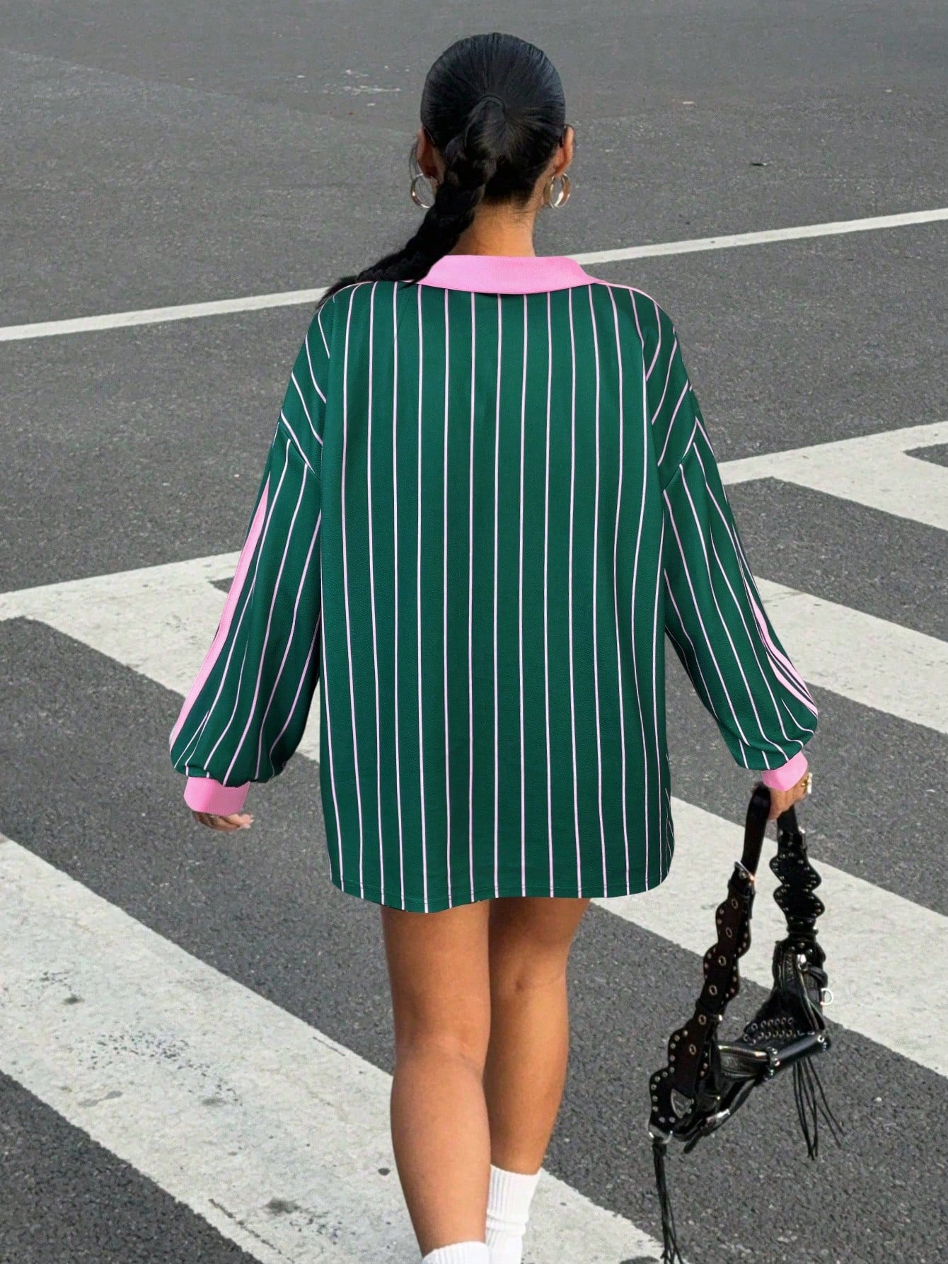 Plus Size Striped Letter Print Jersey Shirt Oversized Long Sleeve Top for Effortless Casual Chic