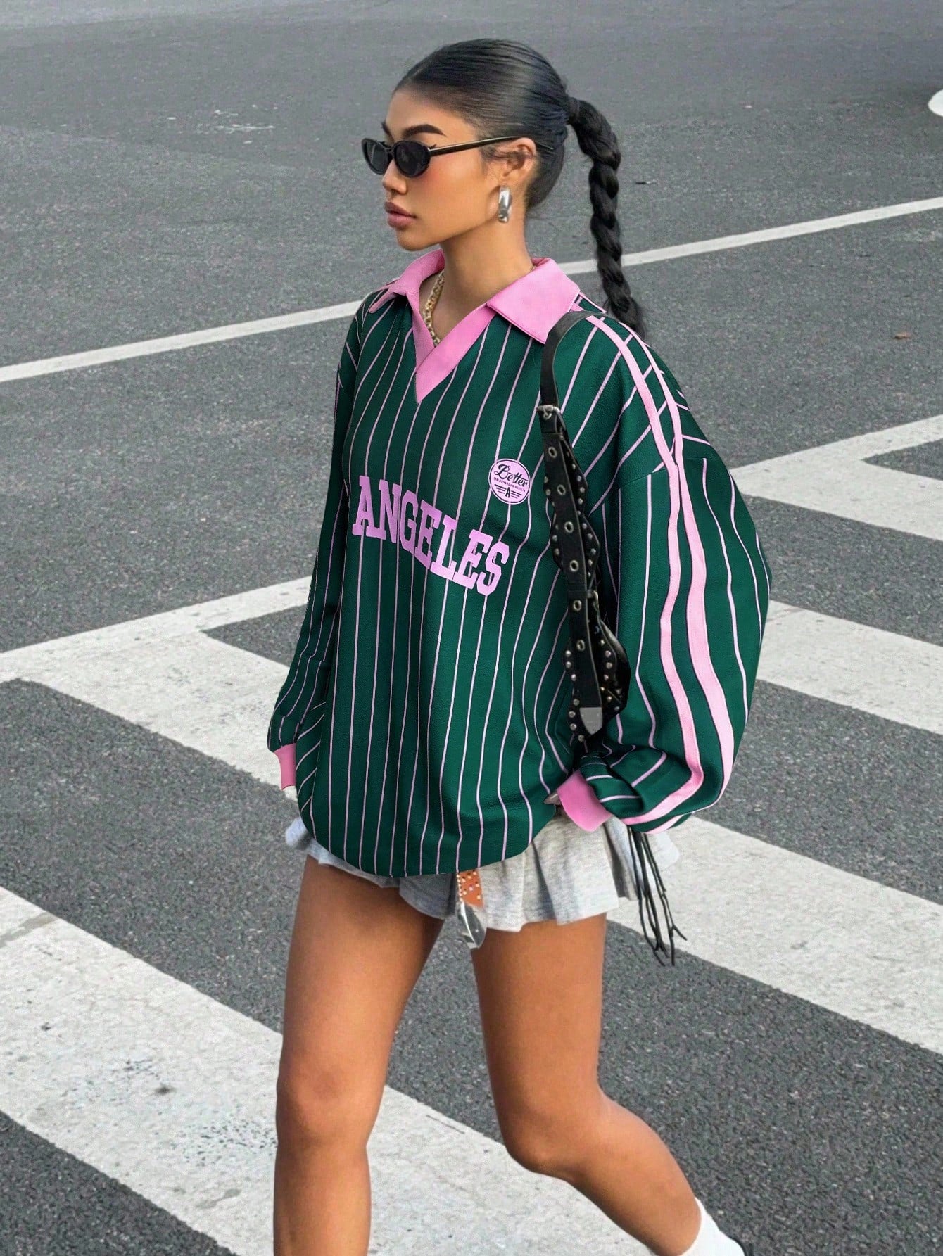 Plus Size Striped Letter Print Jersey Shirt Oversized Long Sleeve Top for Effortless Casual Chic