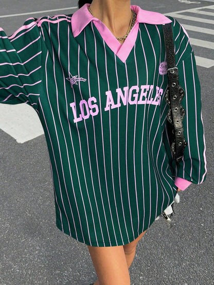 Plus Size Striped Letter Print Jersey Shirt Oversized Long Sleeve Top for Effortless Casual Chic