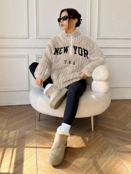 Women Casual Letter Print Zip-Up Hoodie And Pants Sets